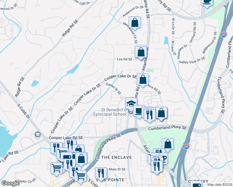 map of restaurants, bars, coffee shops, grocery stores, and more near 4112 Onslow Place Southeast in Smyrna