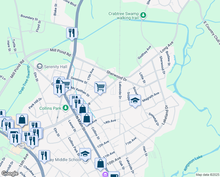 map of restaurants, bars, coffee shops, grocery stores, and more near 1510 Stilley Circle in Conway