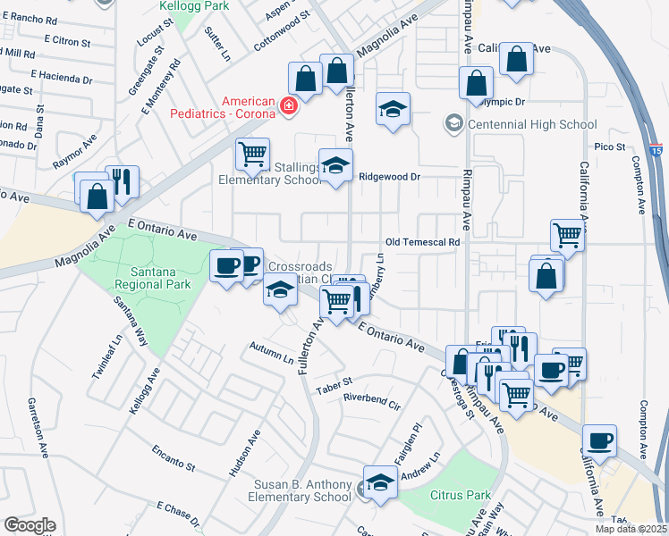 map of restaurants, bars, coffee shops, grocery stores, and more near 2161 Devonshire Drive in Corona
