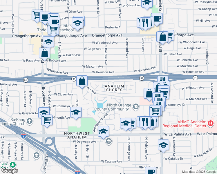 map of restaurants, bars, coffee shops, grocery stores, and more near Halyard Cove in Anaheim
