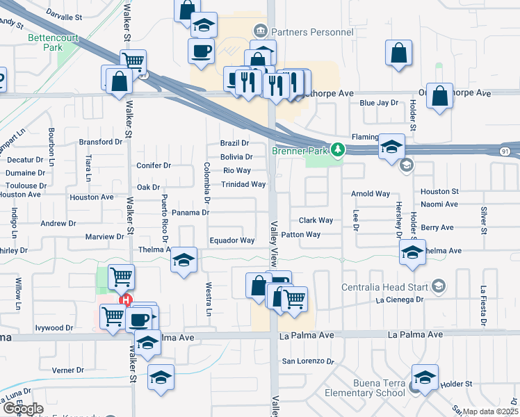map of restaurants, bars, coffee shops, grocery stores, and more near 7521 Miller Street in Buena Park