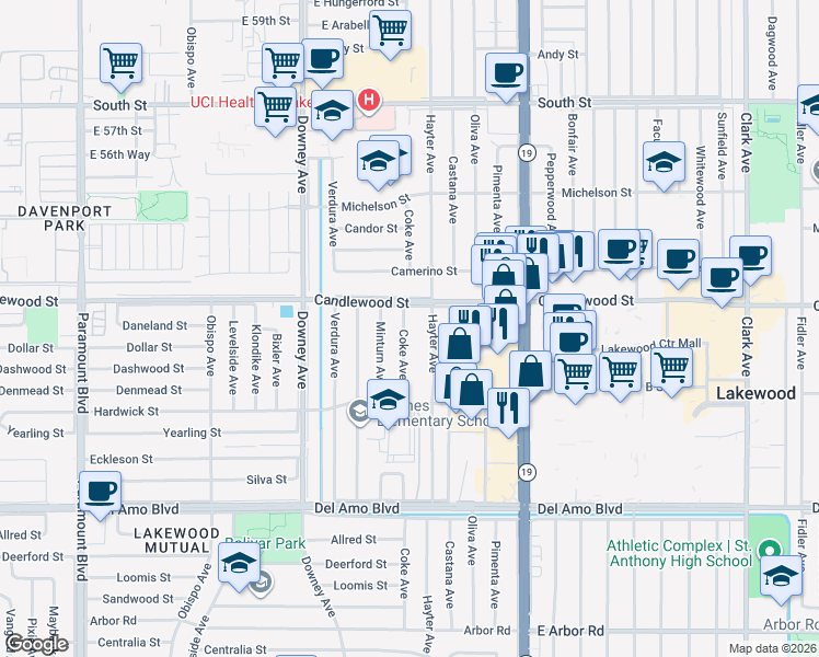 map of restaurants, bars, coffee shops, grocery stores, and more near 5255 Coke Avenue in Lakewood