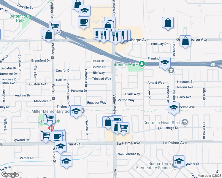 map of restaurants, bars, coffee shops, grocery stores, and more near 7521 Miller Street in Buena Park
