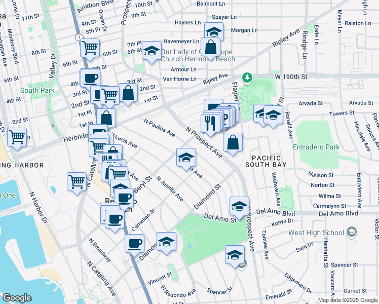 map of restaurants, bars, coffee shops, grocery stores, and more near 623 North Paulina Avenue in Redondo Beach