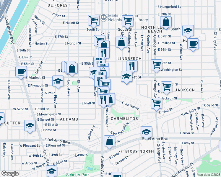 map of restaurants, bars, coffee shops, grocery stores, and more near 5357 Olive Avenue in Long Beach