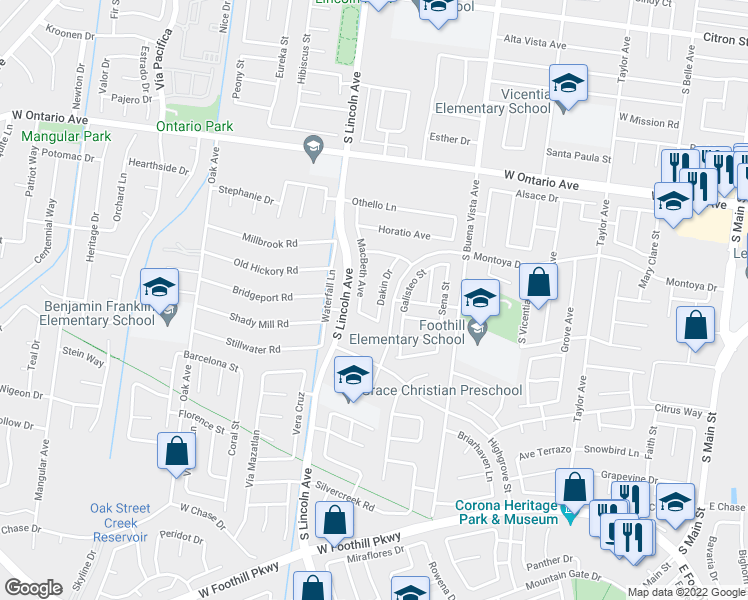 map of restaurants, bars, coffee shops, grocery stores, and more near 2578 Dakin Drive in Corona