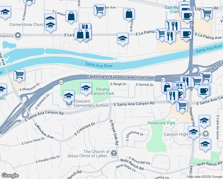 map of restaurants, bars, coffee shops, grocery stores, and more near 142 North Pinney Drive in Anaheim