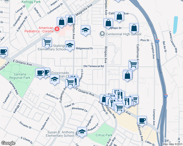 map of restaurants, bars, coffee shops, grocery stores, and more near 999 Stonehenge Circle in Corona