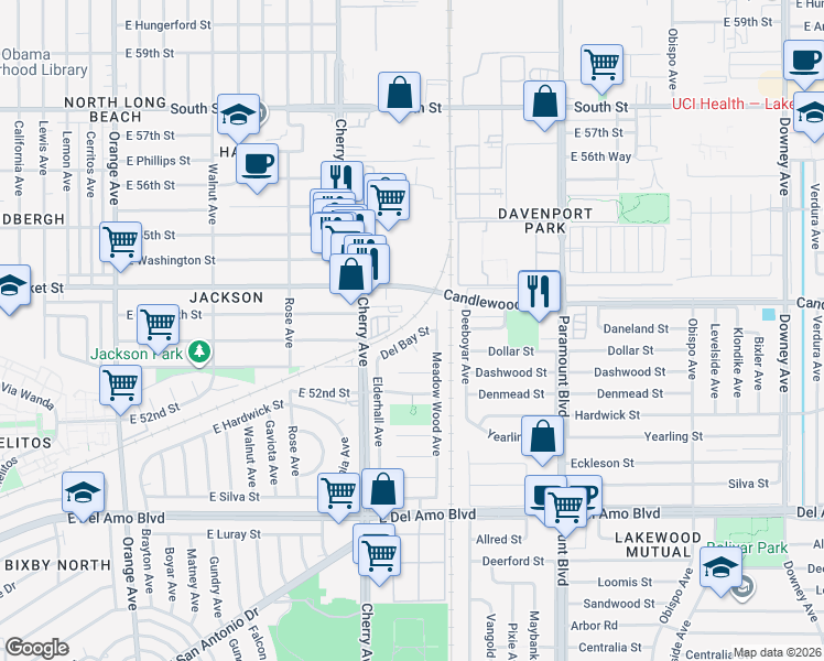 map of restaurants, bars, coffee shops, grocery stores, and more near 2209 Del Bay Street in Lakewood