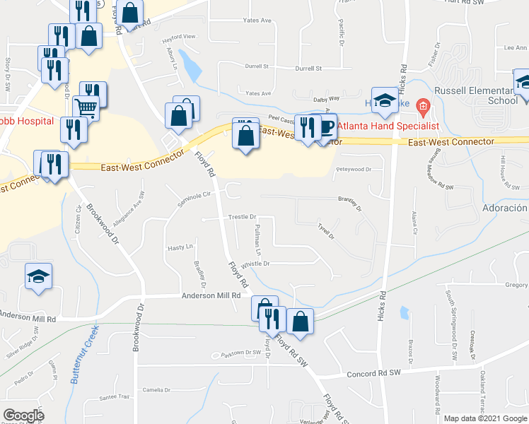 map of restaurants, bars, coffee shops, grocery stores, and more near 1065 Trestle Drive in Austell