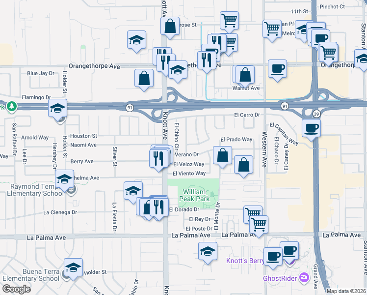 map of restaurants, bars, coffee shops, grocery stores, and more near 7561 El Campo Circle in Buena Park