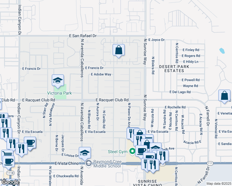 map of restaurants, bars, coffee shops, grocery stores, and more near 2560 North Hermosa Drive in Palm Springs