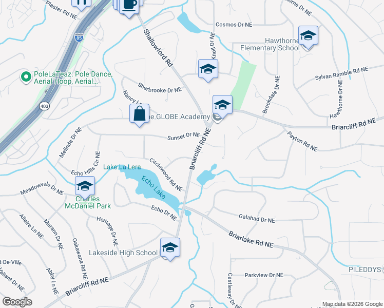 map of restaurants, bars, coffee shops, grocery stores, and more near 2596 Raintree Drive Northeast in Atlanta