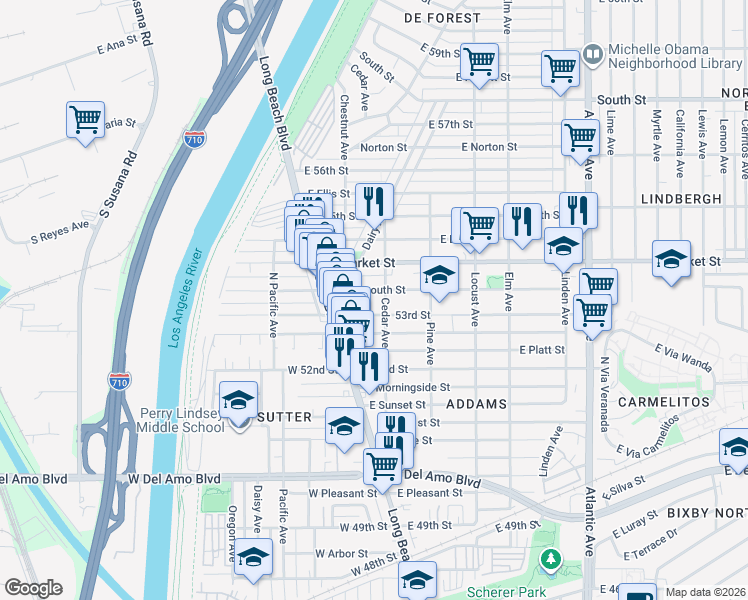 map of restaurants, bars, coffee shops, grocery stores, and more near 51 East Plymouth Street in Long Beach