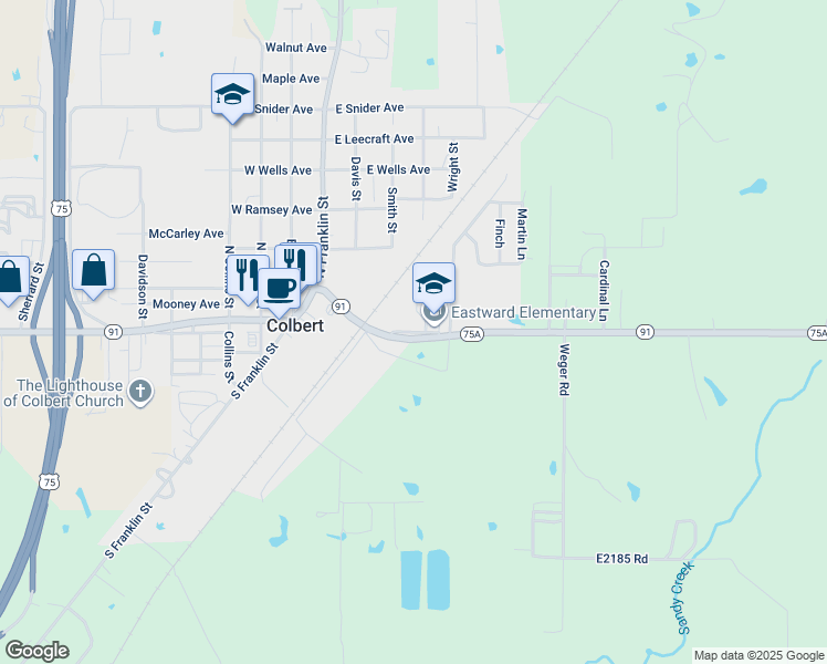map of restaurants, bars, coffee shops, grocery stores, and more near Eastward Avenue in Colbert