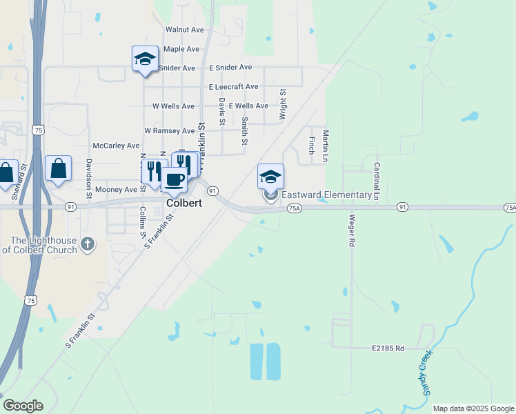 map of restaurants, bars, coffee shops, grocery stores, and more near Eastward Avenue in Colbert