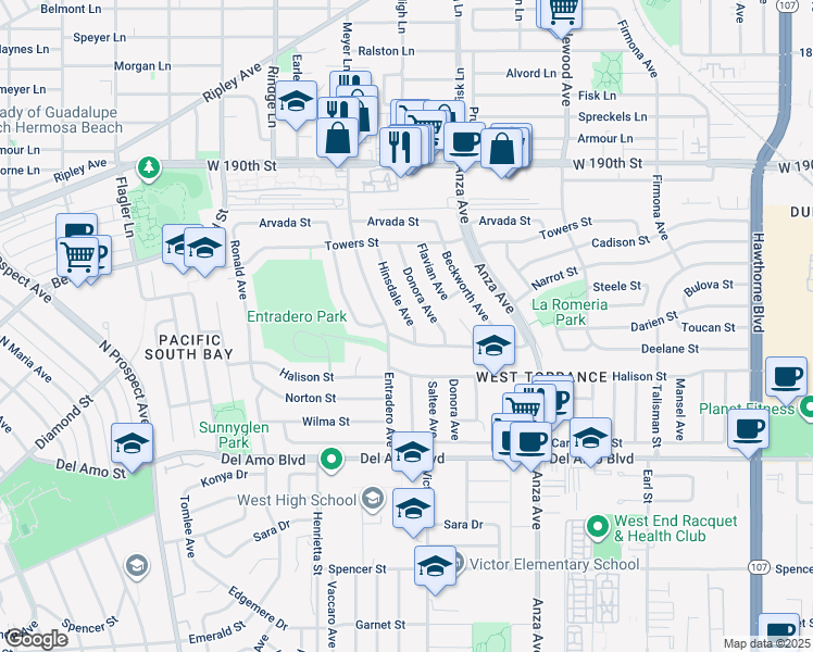 map of restaurants, bars, coffee shops, grocery stores, and more near 19509 Hinsdale Avenue in Torrance