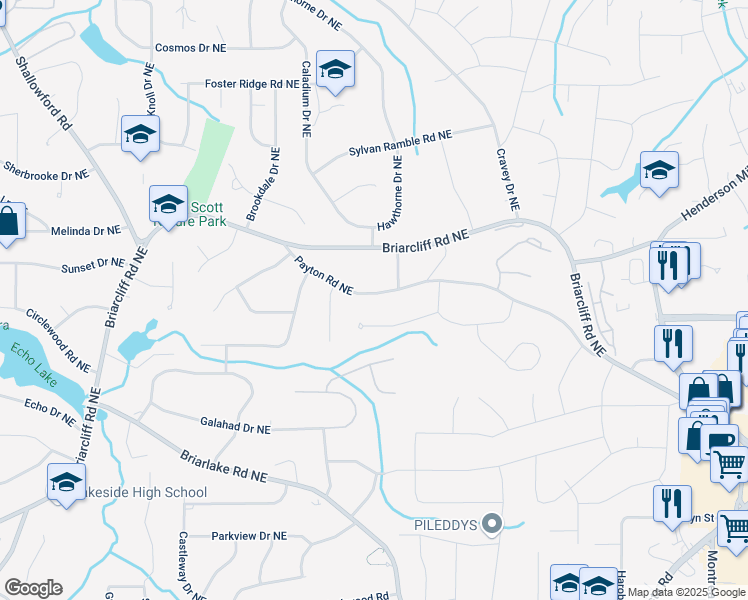 map of restaurants, bars, coffee shops, grocery stores, and more near 2867 Payton Road Northeast in Atlanta