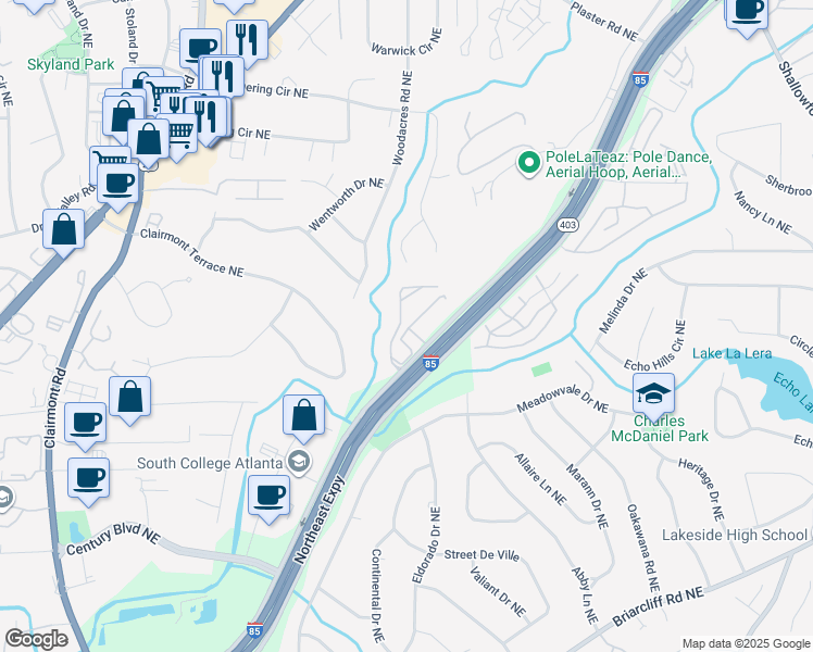 map of restaurants, bars, coffee shops, grocery stores, and more near 2500 Northeast Expressway in Atlanta