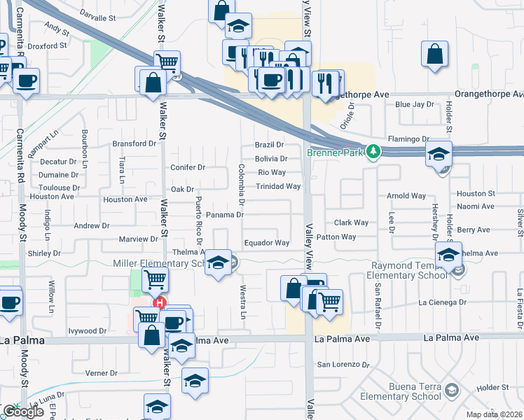 map of restaurants, bars, coffee shops, grocery stores, and more near 5785 Honduras Way in Buena Park