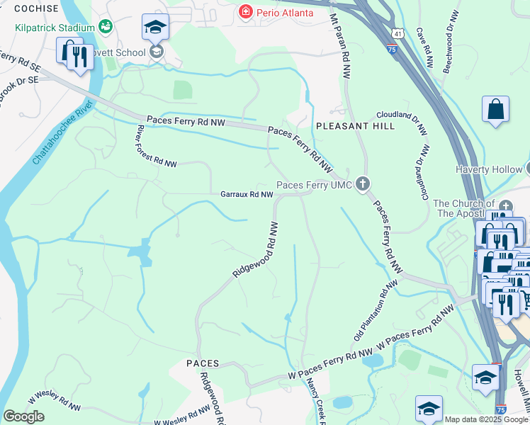 map of restaurants, bars, coffee shops, grocery stores, and more near 3560 Ridgewood Road Northwest in Atlanta