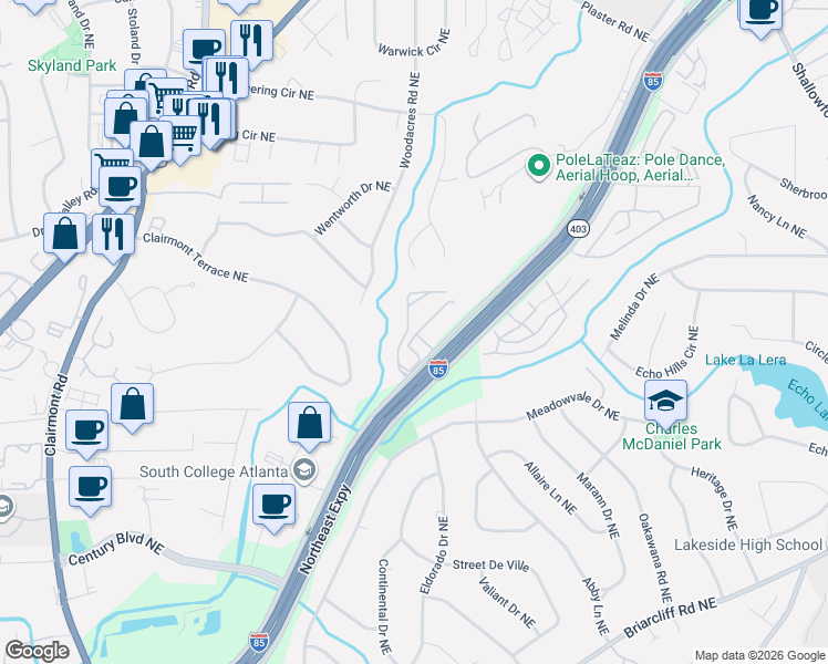 map of restaurants, bars, coffee shops, grocery stores, and more near 2500 Northeast Expressway in Atlanta