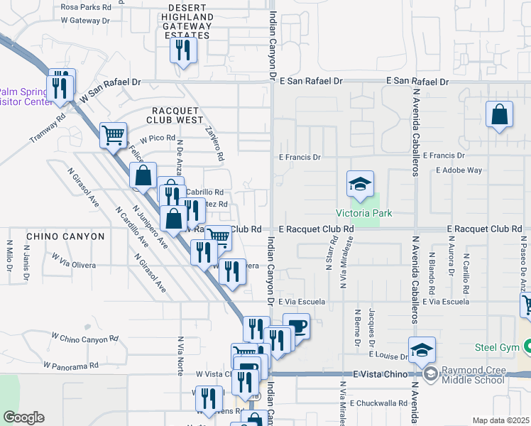 map of restaurants, bars, coffee shops, grocery stores, and more near 2501 North Indian Canyon Drive in Palm Springs