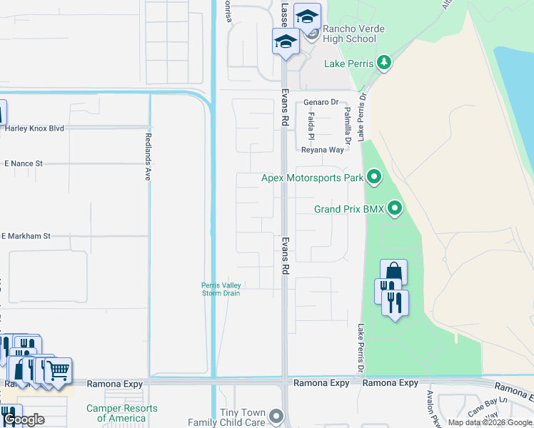 map of restaurants, bars, coffee shops, grocery stores, and more near 748 Spyglass Court in Perris