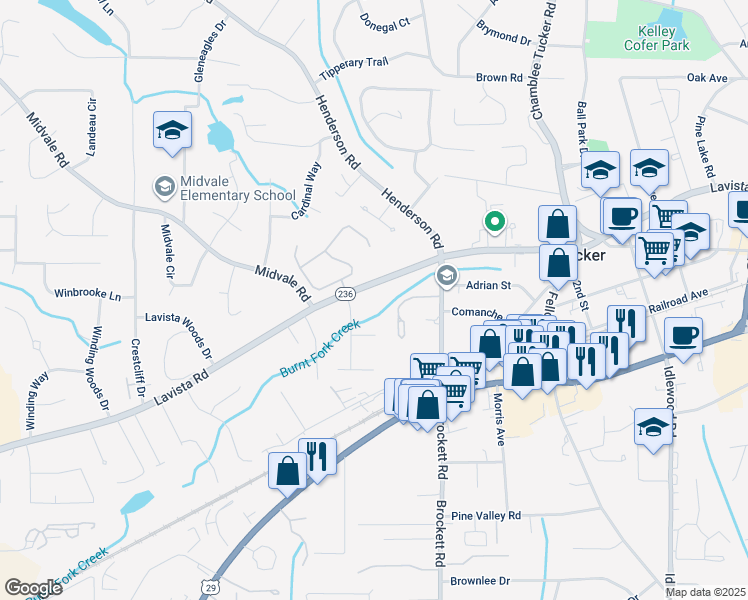 map of restaurants, bars, coffee shops, grocery stores, and more near 4749 Lavista Road in Tucker