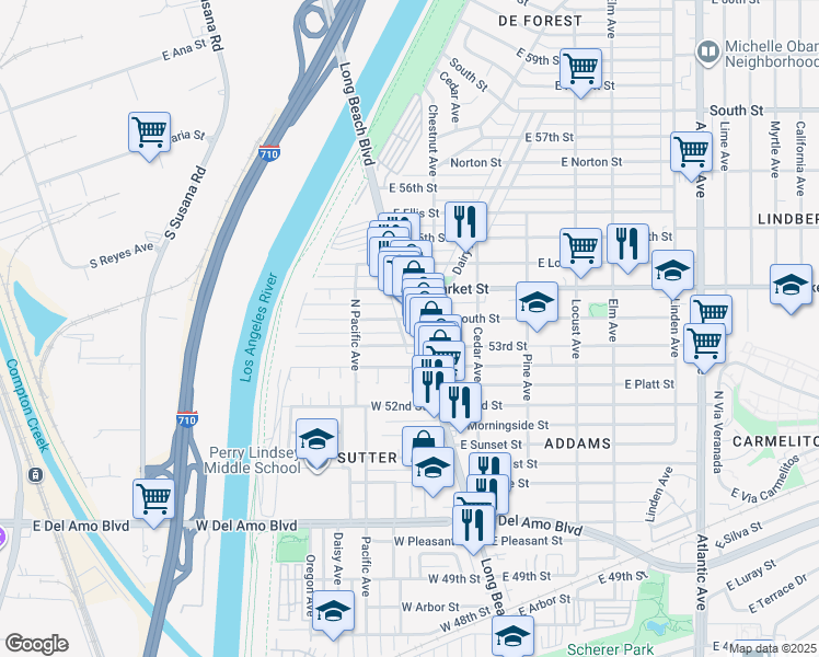 map of restaurants, bars, coffee shops, grocery stores, and more near 25 West Plymouth Street in Long Beach