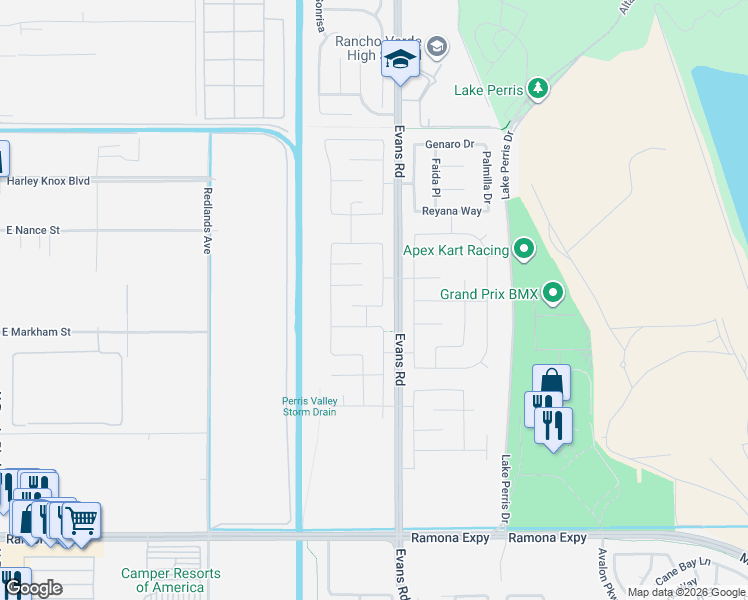 map of restaurants, bars, coffee shops, grocery stores, and more near 748 Spyglass Court in Perris