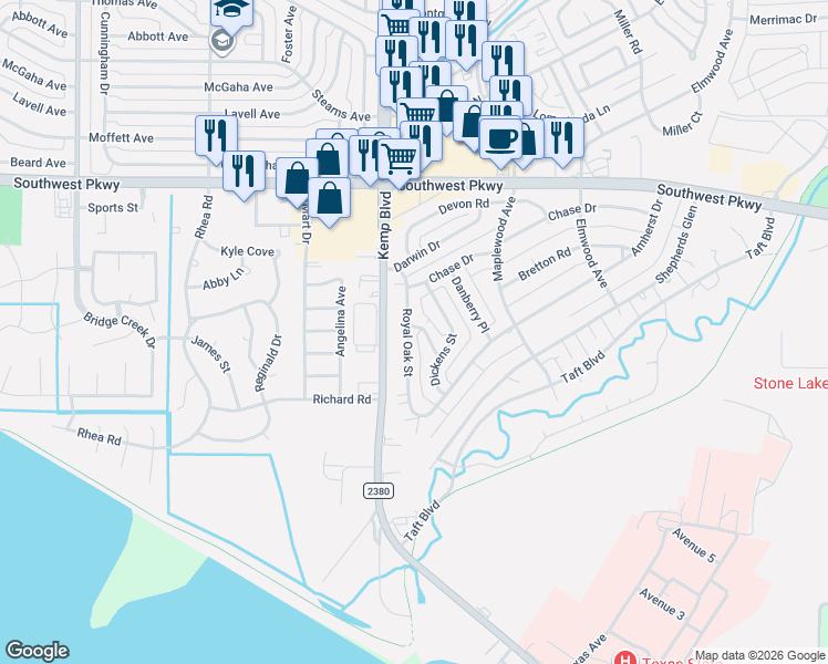 map of restaurants, bars, coffee shops, grocery stores, and more near 4813 Royal Oak Street in Wichita Falls
