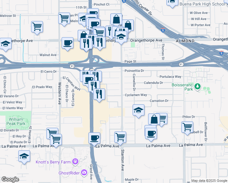 map of restaurants, bars, coffee shops, grocery stores, and more near 7959 Aster Circle in Buena Park