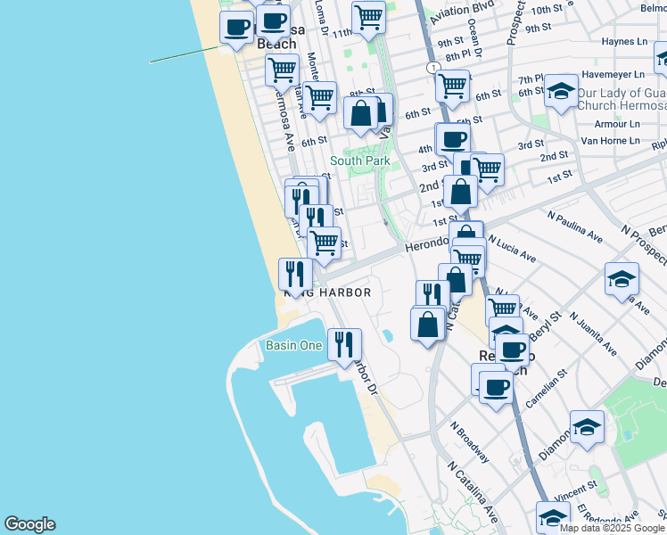 map of restaurants, bars, coffee shops, grocery stores, and more near 161 Lyndon Street in Hermosa Beach