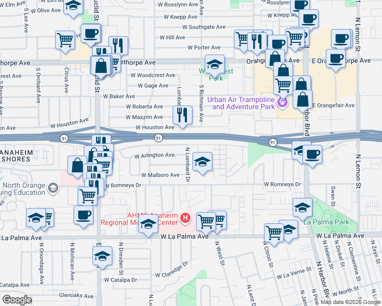 map of restaurants, bars, coffee shops, grocery stores, and more near 1302 North Lombard Drive in Anaheim