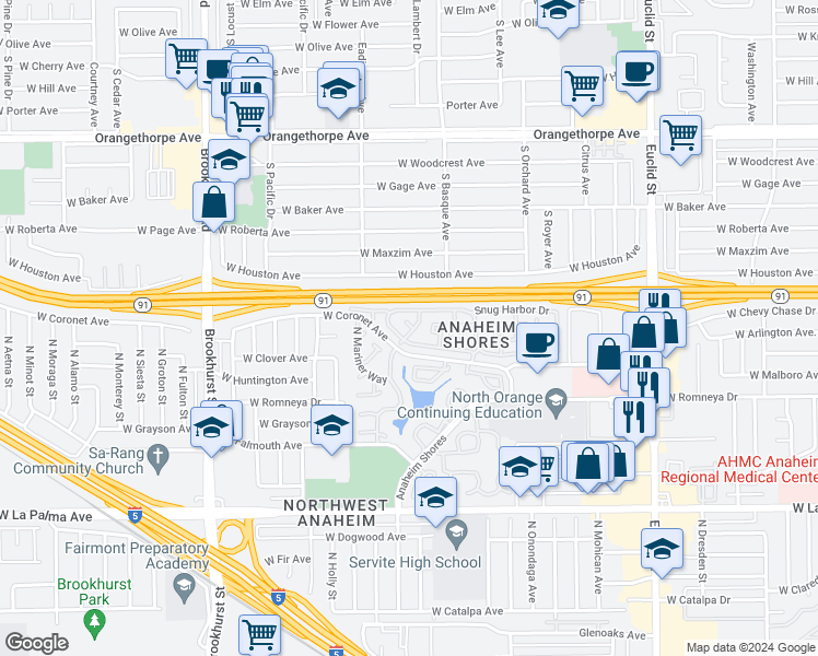 map of restaurants, bars, coffee shops, grocery stores, and more near 1919 West Coronet Avenue in Anaheim
