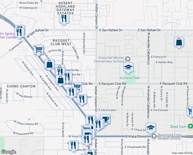 map of restaurants, bars, coffee shops, grocery stores, and more near 200 East Racquet Club Road in Palm Springs