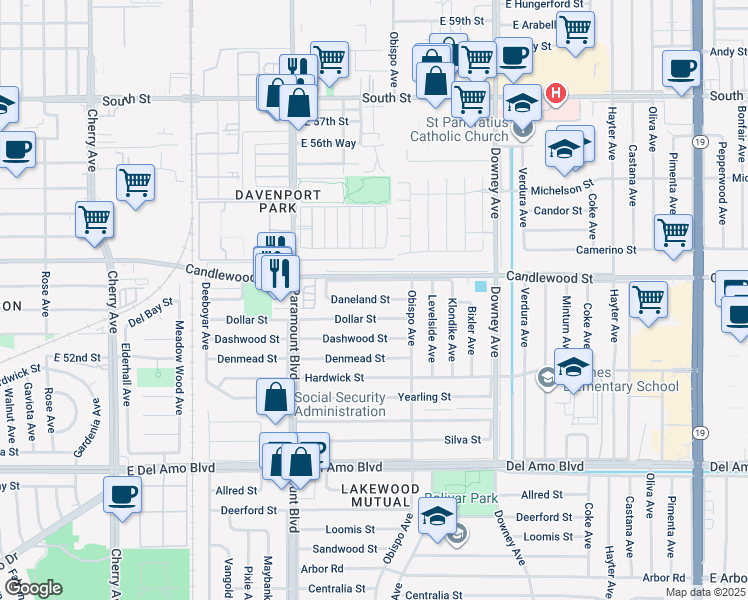 map of restaurants, bars, coffee shops, grocery stores, and more near 2902 Candlewood Street in Lakewood