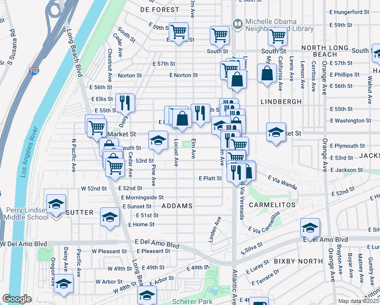 map of restaurants, bars, coffee shops, grocery stores, and more near 419 East Plymouth Street in Long Beach