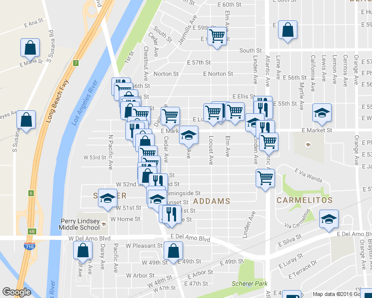 map of restaurants, bars, coffee shops, grocery stores, and more near 159 East Plymouth Street in Long Beach