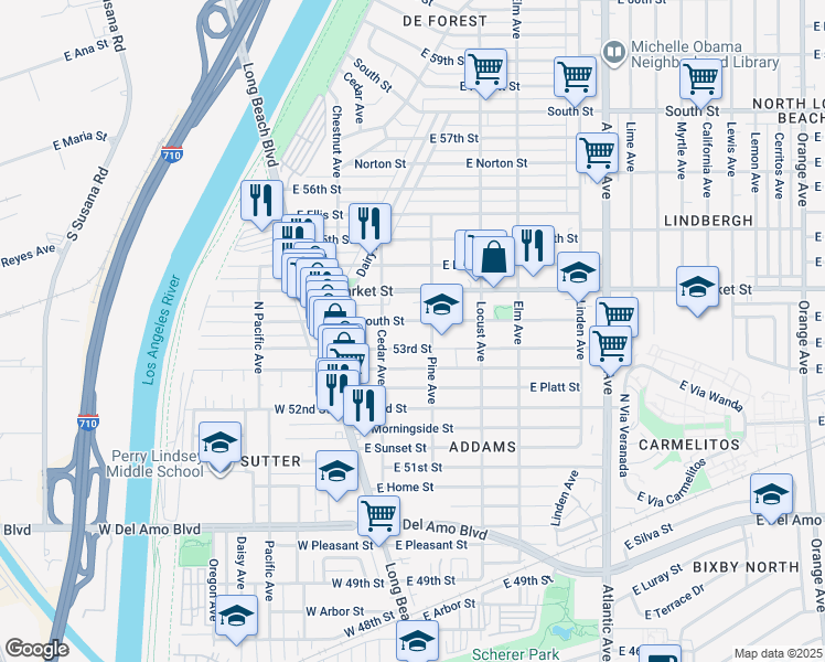 map of restaurants, bars, coffee shops, grocery stores, and more near 159 East Plymouth Street in Long Beach