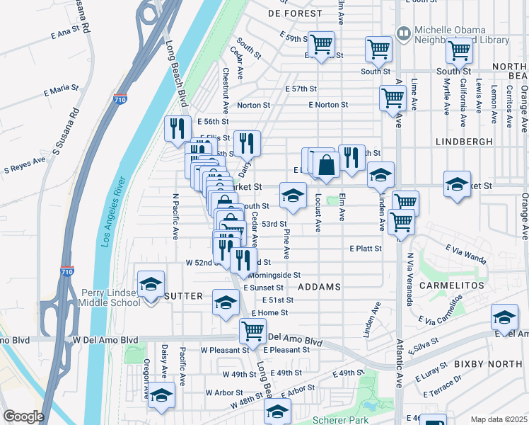 map of restaurants, bars, coffee shops, grocery stores, and more near 159 East Plymouth Street in Long Beach