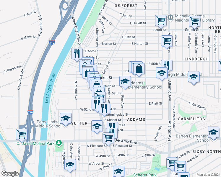 map of restaurants, bars, coffee shops, grocery stores, and more near 51 East Plymouth Street in Long Beach