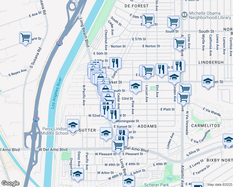 map of restaurants, bars, coffee shops, grocery stores, and more near 51 East Plymouth Street in Long Beach