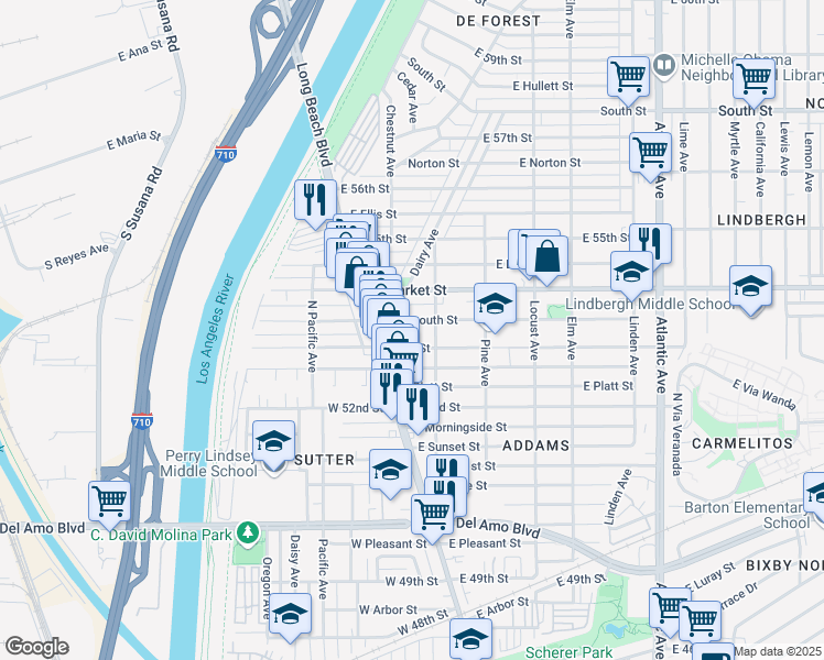 map of restaurants, bars, coffee shops, grocery stores, and more near 51 East Plymouth Street in Long Beach