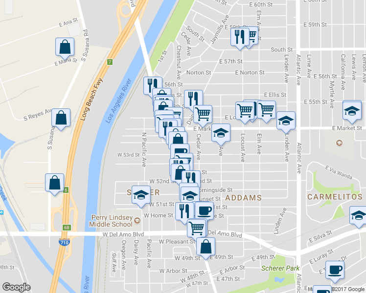map of restaurants, bars, coffee shops, grocery stores, and more near 13 East Plymouth Street in Long Beach