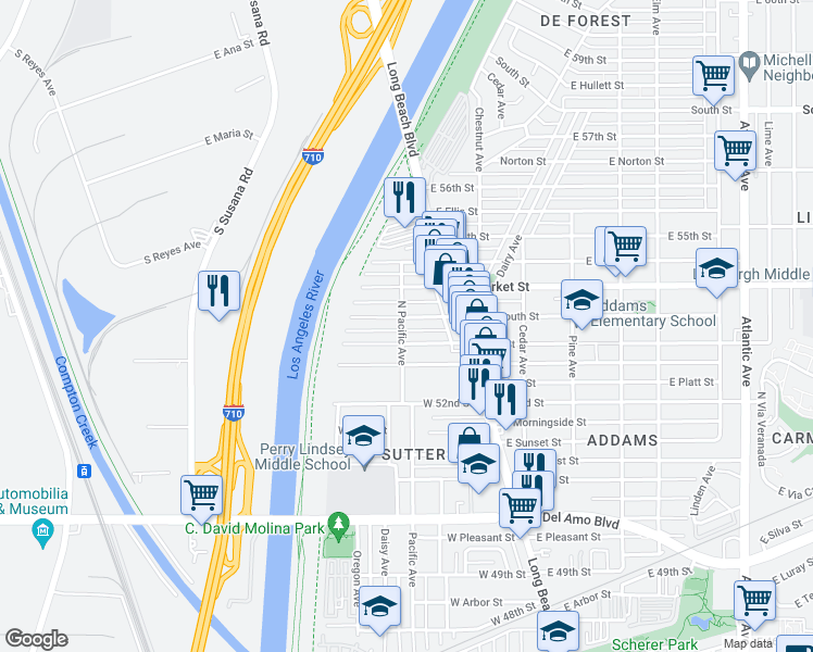 map of restaurants, bars, coffee shops, grocery stores, and more near 5363 North Pacific Avenue in Long Beach