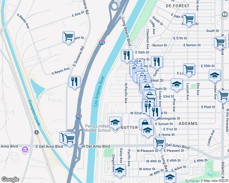 map of restaurants, bars, coffee shops, grocery stores, and more near 173 West Plymouth Street in Long Beach