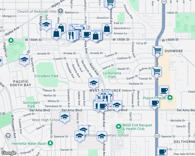 map of restaurants, bars, coffee shops, grocery stores, and more near 19499 Anza Avenue in Torrance