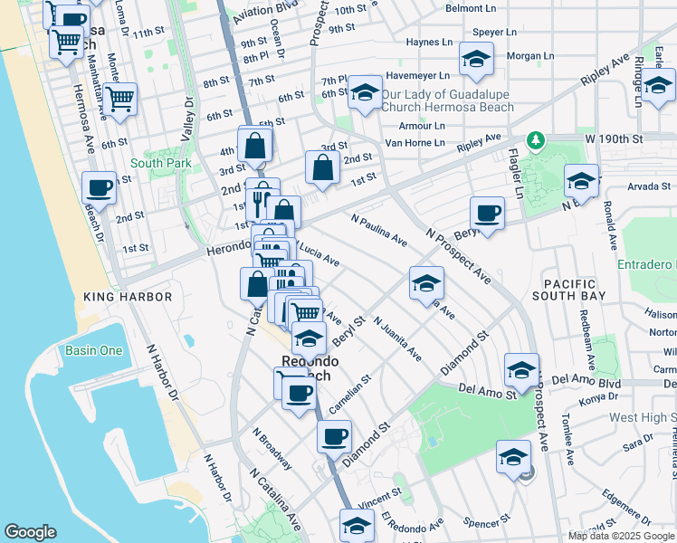 map of restaurants, bars, coffee shops, grocery stores, and more near 814 North Lucia Avenue in Redondo Beach